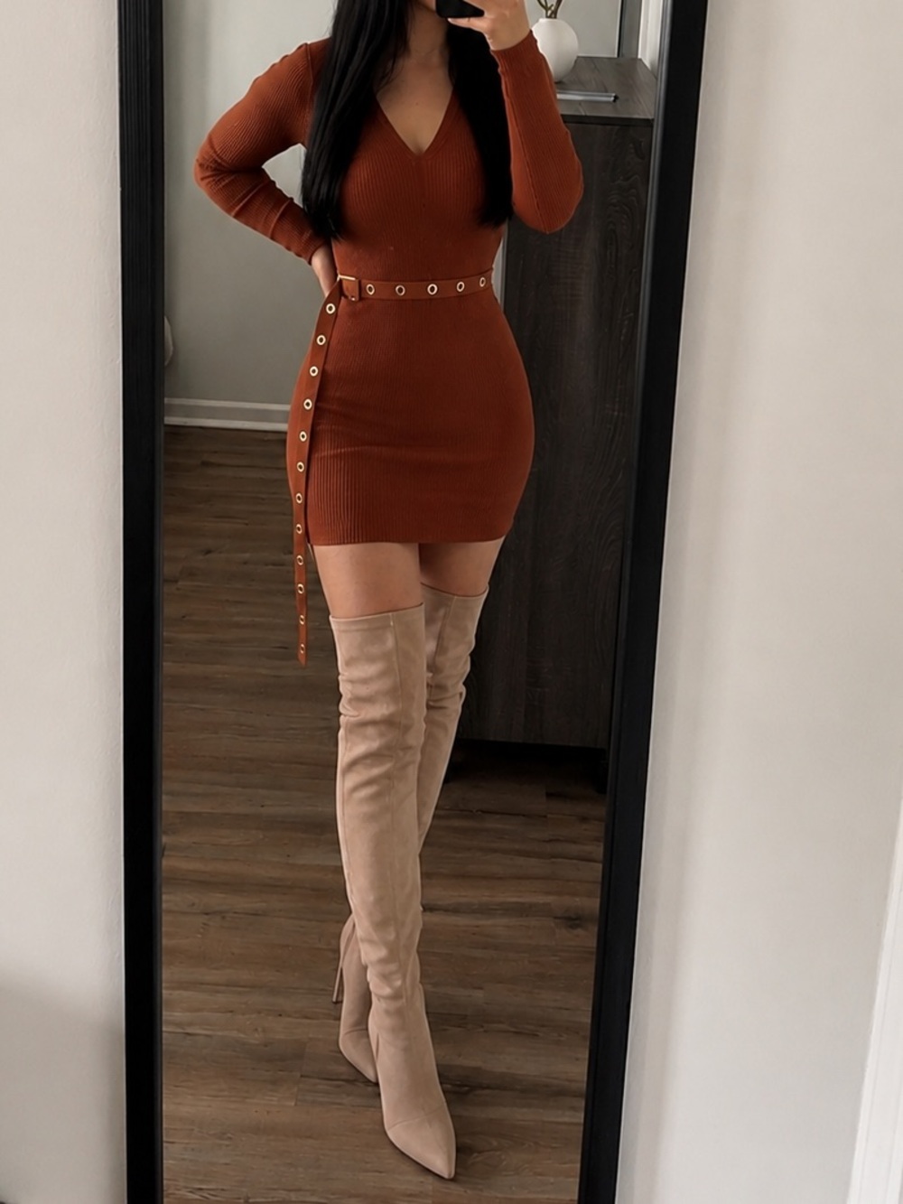 Windsor Rust Ribbed V-Neck Mini Dress with Grommet Waist Tie